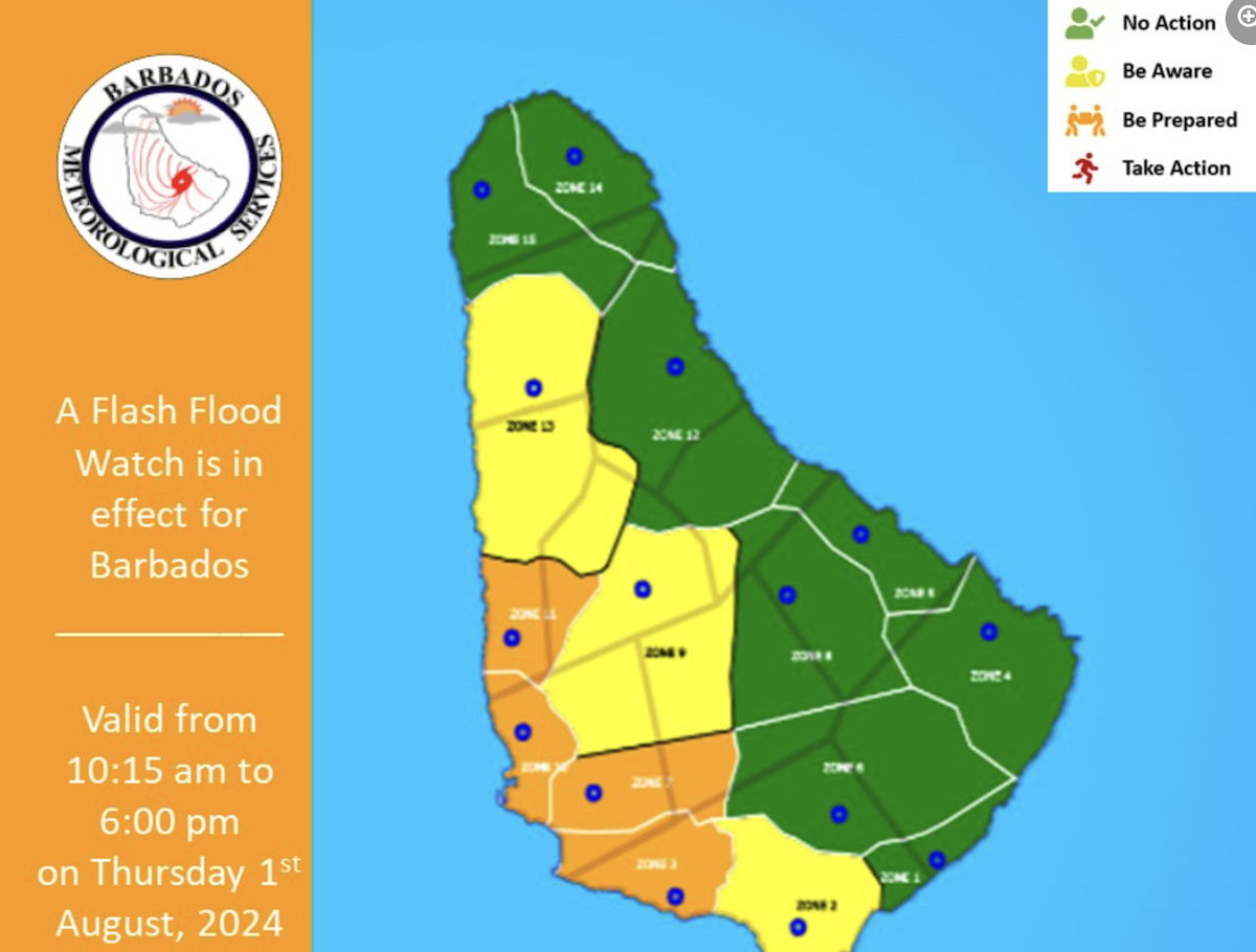 Southwestern Barbados Under Flash Flood Watch as Barbados Meteorological Services Issues Alert